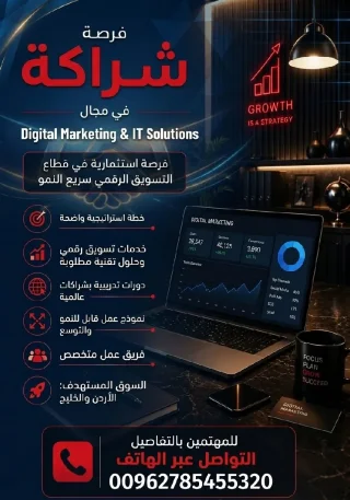 مطلوب شريك استراتيجي ممول لمشروع وكالة تسويق رقمي وحلول التقنية