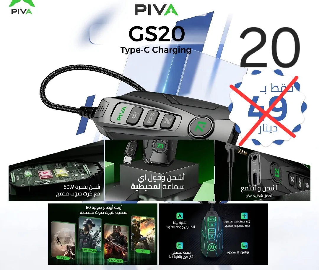 شحن بقدرة 60 مع كرت صوت مدمج PIVA GS20 Type-C Charging