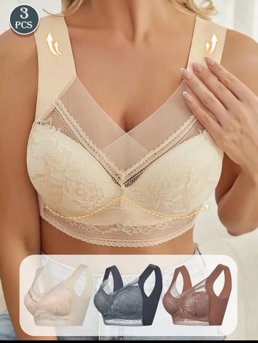 Set of 3 Women'S V-Neck Stylish Lace Lingerie